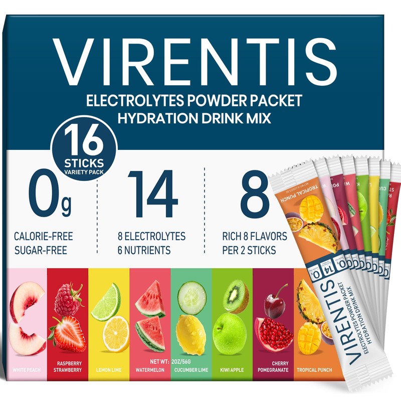 16 Sticks Electrolytes Powder Packets Sugar Free Hydration Packets, 8