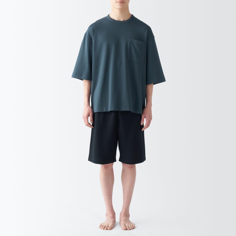 MUJI Men's Loungewear Set, Sweatshirt, Short Sleeve, Loungewear Set, navy