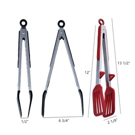 Cooking Tongs,BBQ Tongs,Stainless Steel Kitchen Silicone Serving Tongs,Heat Resistant Meat Turner Spatula Tongs Fish Tongs with Locking Handle Joint,12 inch,Black and Red (12)