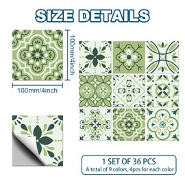 CHGCRAFT 36pcs 9 Styles Arab Pattern White Green Tile Stickers Waterproof Tile Stickers Square with Flower Pattern for Kitchen Bathroom Bedroom Wall Floor Decoration, Dark Sea Green, 3.9×3.9inch