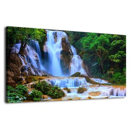 Waterfall Wall Art Living Room Decorations Landscape Canvas Art Large Nature Pictures Artwork Contemporary Wall Art Green Trees Rivers Spring Tropic Forest for Kitchen Office Home Decor 29" x 58"