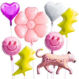 Wood Homing 8PCS 18 Inch Smile Party Preppy Helium Balloons Pink Smile Face Helium Balloons Smile Face Theme Birthday Party Decorations Pink Heart Yellow Lightning Balloons for Birthday Wedding Decor