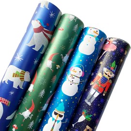 Jillson Roberts Christmas Wrapping Paper Roll Bundle with Cut Lines on Reverse (25 sq ft per roll, 100 Total Sq Ft) Polar Bear, Nutcracker Ballet, Gnome for Christmas, Snowman Party, 4 Pack