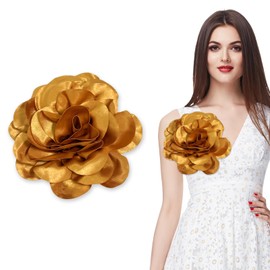 7.5in Extra Large Rose Brooch Exquisite Shiny Satin Camellia Brooch Oversized Flower Brooch Lapel Pin,Suitable For Women Dance Banquet Wedding Hair Clothing Accessories (Gold)