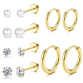 Dochais 6 Pairs Gold Studs Earrings for Women 14K Gold Plated Earrings Studs Gold Hoop Earrings Small Hypoallergenic Earrings Cubic Zirconia Pearl Earrings Stud Cartilage Tragus Piercing for Women Men