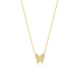 Gelin Real Diamond 10k Solid Gold Mini Butterfly Necklace for Women, 18 inch
