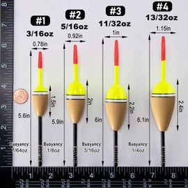 Alwonder 4-Pack Fishing Bobbers Floats, Buoyant Balsa Wood Body Spring Fishing Floats and Bobbers, Oval Bobber for Crappie Bluegills Trout Bass Panfish Catfish Walleyes 1.5“