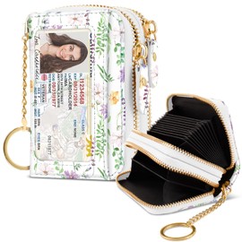 Simikol Credit Card Holder Glitter Shining Leather Small Cute Double Zipper Card Wallet for Women with Keychain,White Daisy