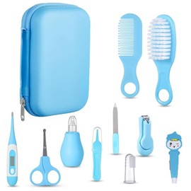 Kit de Cuidado de la Salud del Bebé, 10 Piezas Set de Aseo para Bebés Recién Nacido, Set de Cuidado del Cabello y Uñas de Almacenamiento, Cuchara Auricular, Cepillo de Dientes para Cuidado Diario del Bebé y Viajes (Azul)