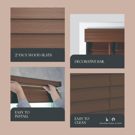 REGAL estate Cordless 2" Faux Wood Blinds for Inside Mount, 34.5" W x 72" H, Chestnut