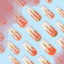 CAEEA Gold Press On Nails Medium Coffin False Nails Glitter V Shape False Nails French Rose Acrylic Nails Glossy Full Cover Stick On Nails Women 24PCS08