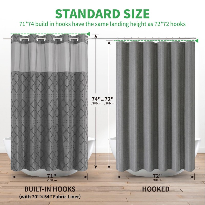 eachope Charcoal Grey No Hook Shower Curtain and Fabric Liner