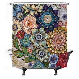 Ulticool Shower Curtain - Colourful Flowers Nature Art - 180 x 200 cm - Washable - Anti Mould - Waterproof - with 12 Rings - Red Green Blue Brown Yellow