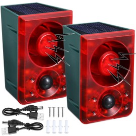 Qualirey 2 Pcs Solar Outdoor Motion Sensor Alarm Animal Deterrent Gunshot Sound Dog Barking 130db Loud Noise Maker 3 Modes with USB Remote Control, Support Recording and Volume Adjustment (Red)