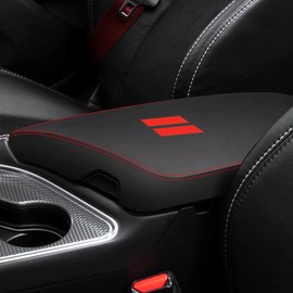 YOFAMO for Dodge Challenger 2015-2023 Car Armrest Cover Waterproof Center Console Pad Covers Scratch Resistance Box Cover Leather Protector Pad Decoration Accessories(Black + Red Stitches)