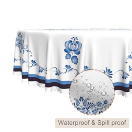 TTQYFNM Blue Floral Round Tablecloth 48 Inch Blue and White Porcelain Table Cloths Waterproof and Stain Resistant Fabric Table Cloth Cover for Kitchen Dining Patio Birthday Wedding Banquet Party Decor