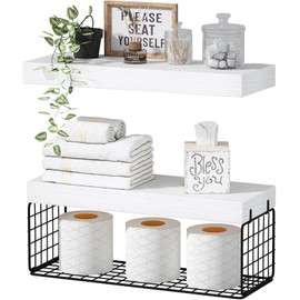 QEEIG Bathroom Shelves Over Toilet - Wall Mounted Floating Shelves Farmhouse Shelf Toilet Paper Storage Small 16 inch Set of 2, Black and White (019-WB2)