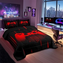 Feelyou Boys Gamer Comforter Set Full Size Gaming Bedding Set Kids Video Games Comforter for Teen Child Gamer Room Decor Super Soft Red Black Bed Set Microfiber Game Geometric Duvet Quilted Gamer Gift