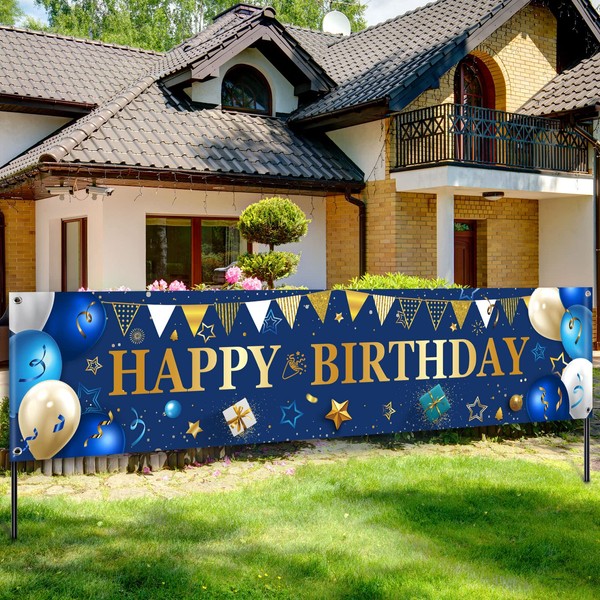 Yard Banner for Happy Birthday Gifts Large Navy Blue Birthday Banners for Outside Birthday Banner Birthday Decorations Backdrop for Men Women Birthday Party Supplies Outdoor and Indoor (Blue, Gold)