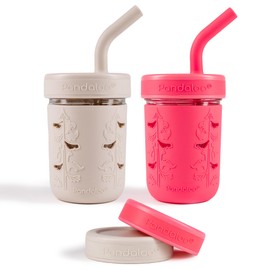 Pandaloo® Mason Jar Toddler Cup - 8 oz Spill-Proof Glass Tumbler with Silicone Straw and Lid, Non-Slip Sleeve, BPA-Free Toddler Snack Cups - Perfect Smoothie Cups with Lids and Straws for Kids