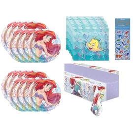 The Little Mermaid Ariel Birthday Party Supplies Bundle includes 16 Lunch Dinner Paper Plates , 16 Lunch Dinner Paper Napkins, 1 Table Cover, 1 Dinosaur Sticker sheet