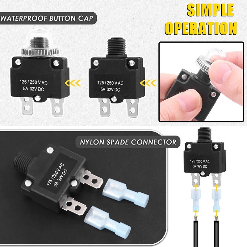 5A Thermal Circuit Breaker with Quick Connect Terminals Waterproof Cap