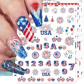 IDDFEVE 12 Sheets 4th of July Nail Stickers, USA Independence Day Patriotic Nail Decals, 3D Design Self-Adhesive Memorial Day Flag Star Nail Art