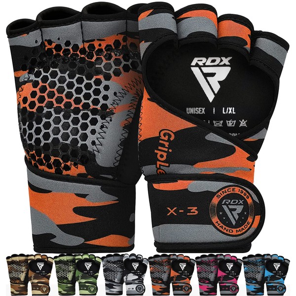 RDX Weightlifting Gloves Gym Anti Slip Long Strap Muscle Training Pull Up Chin Up Powerlifting Workout (Orange, S/M)