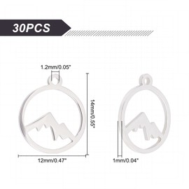 UNICRAFTALE 30Pcs Flat Round with Mountain Charms Stainless Steel Dangle Pendant Hollow Hypoallergenic Metal Pendant With 1.2mm Loop for Necklace Bracelet Jewelry Making Stainless Steel Color 14mm, 14mm long, Stainless Steel