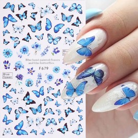 6 Sheets Butterfly Nail Art Stickers Decals Spring Summer 3D Self-Adhesive Pink Blue Purple Yellow Butterflies Flowers Pattern Decorations for Acrylic Nail Art Supplies