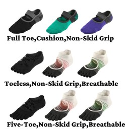 Yoga-Socks with Grips for Women, Cushioned-Toeless-Five-Toe Non-Slip Socks for Pilates, Barre, Ballet, Dance, Fitness 2Pairs Hicomlor (Purple)