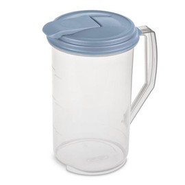 Sterilite 2 Quart Clear Round Plastic Pitcher, Dishwasher Proof with Blue Lid, Spout, and Handle for Easy Pouring, Washed Blue, 6-Pack