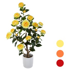 Warmplants Artificial Camellia Tree 3ft, Fake Camellia Plant in White Pot, Faux Camellia Silk Flower Potted Tree for Indoor Outdoor Home Livingroom Office Decor (Yellow)
