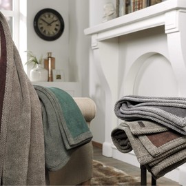 IBENA Reversible Classic Herringbone Jacquard Woven Velour Blanket Throw Aberdeen - Anthracite