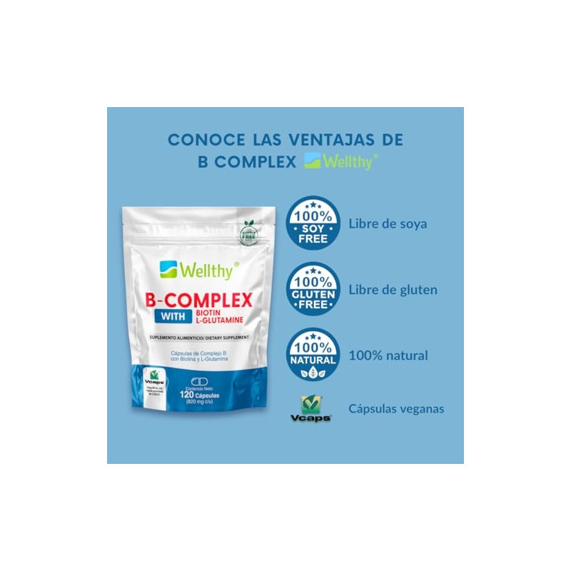 Wellthy Complejo Cápsulas 120 Porciones Reforzado Biotina Glutamina Vcaps Veganas