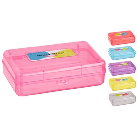 Enday Plastic Pencil Box with Snap Closure Lids Pink, Small Utility Storage Crayon School and Office Supplies Case Organizer, Also Available in Glitter Green, Purple, Blue, Red and Grey, 1 Pc