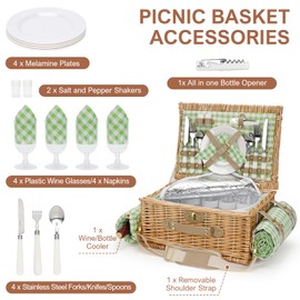 Picnic Basket for 4, Insulated Willow Picnic Baskets with Shoulder Strap, Picnic Hamper with Waterproof Picnic Blanket, Handmade Wicker Hamper for Outdoor Camping, GreenCheck