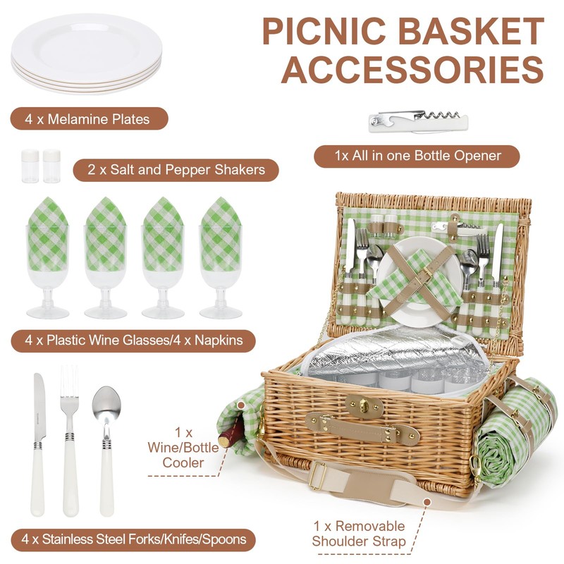 Picnic Basket for 4, Insulated Willow Picnic Baskets with Shoulder