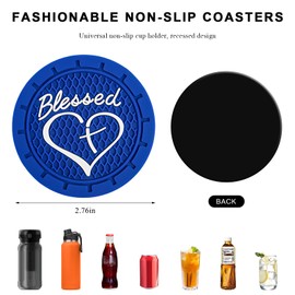 MUQIDA 2 PCS Car Cup Holder Coaster, 2.76 Inch Soft PVC Non-Slip Blessed Cross and Heart Christian Car Cup Coasters, Auto Interior Shockproof Insert Drink Mat for Most Vehicles (Blue)