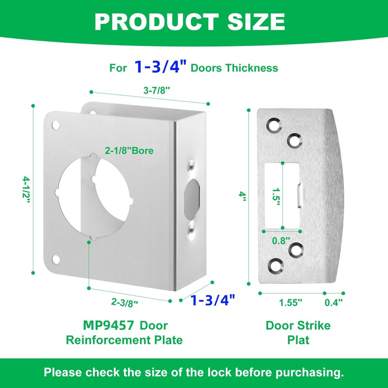 MP9457 Stainless Steel Lock and Door Reinforcement Plate fits 1-3/4"Thick