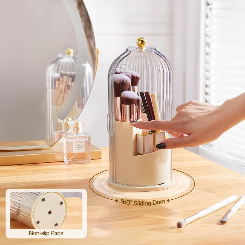 STORICANS Makeup Brush Holder Rotating Organiser with Clear Lid，Sliding Opening