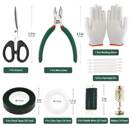 Vignor Floral Arrangement Kit with Green Flower Tape, Metal Wire, Ribbon, Flores Cutter, Scissor, Glove, Boutonniere Pin for Stem Wrap Florist Supplies Bouquet Accessories DIY Craft (10-in-1 Set)