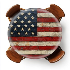 YEYE JUICE Round Fitted Tablecloth with Elastic Outdoor Tablecloth for 45" - 56" Tables Waterproof Round Table Cover for Indoor Dinner, Picnic, Camping, Yard (Retro American Flag)