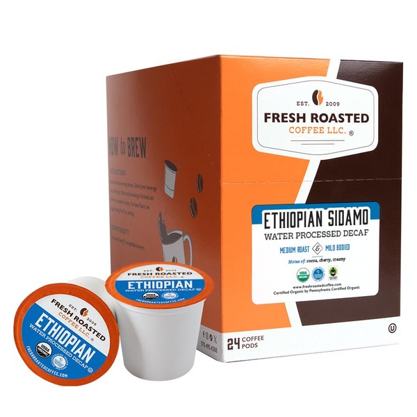 Fresh Roasted Coffee, Sidamo Swiss Water descafeinado orgánico etíope, comercio justo, Kosher, compatible con K-Cup, 24 cápsulas