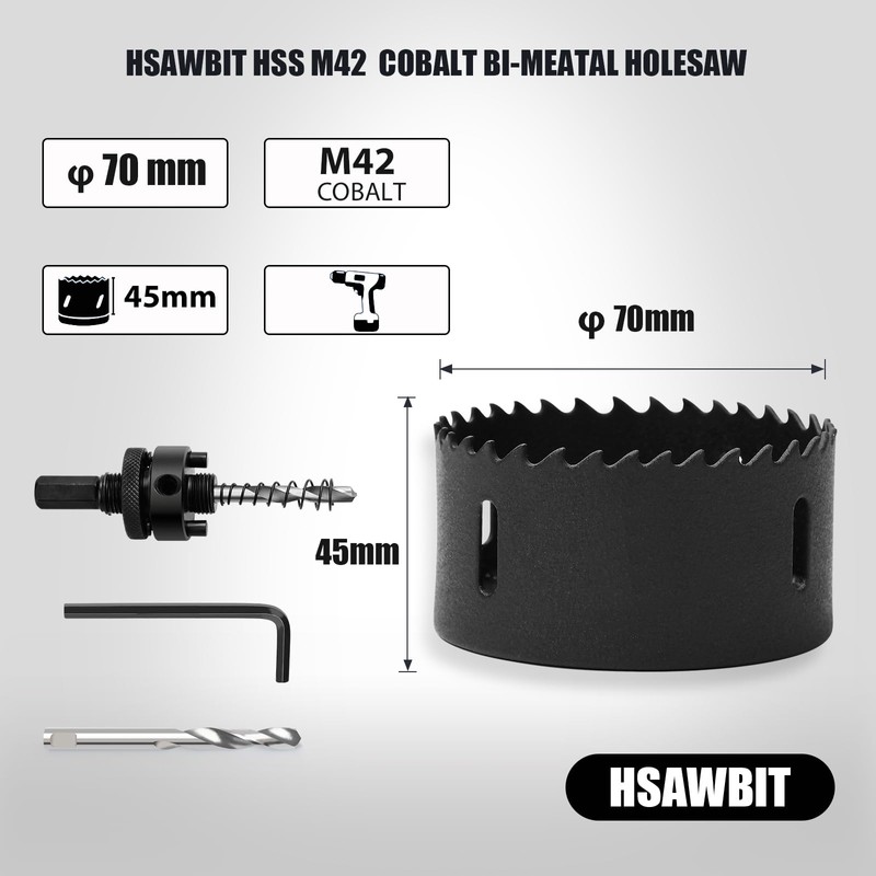HSAWBIT HSS Bi-Metal 70mm Hole Saw, M42 Fast Cut Extra