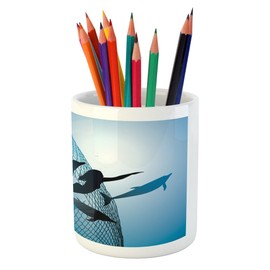 Ambesonne Underwater Pencil Pen Holder, Mermaid Rescues Flight of Dolphins from Fishing Net Freedom Diverrtwork Print, Printed Ceramic Pencil Pen Holder for Desk Office Accessory, Blue
