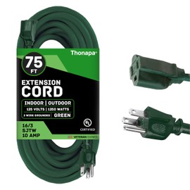 Thonapa Weatherproof Outdoor Extension Cord 75 ft, 16/3 SJTW 75ft Green Extension Cord 3 Prong, Long for Outdoor Lights & Landscaping, UL Certified - US Veteran Owned