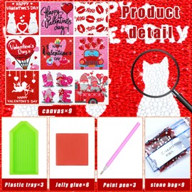9 Pcs Christmas Valentine's Day 5D Diamond Painting Kits Valentine's Day Round Drill 5D Diamond Heart Craft Handmade Square Drill Diamond Painting Art Diamond for Valentine's Day (Heart Style)