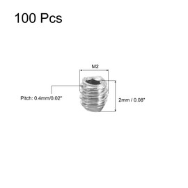 sourcing map 100Pcs Hex Socket Grub Screw, M2x2mm 304 Stainless Steel Head Socket Set Screws Flat Point Grub Bolt for Door Handles, Light Fixture Repair