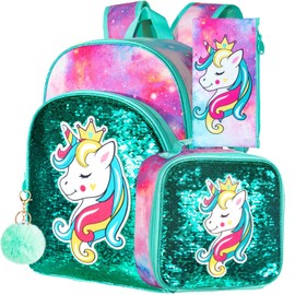 FTJCF 3PCS Unicorn Backpack for Girls, 16" Sequins Kids Bookbag with Lunch Box, School Bags for Elementary Preschool Kindergarten - Green